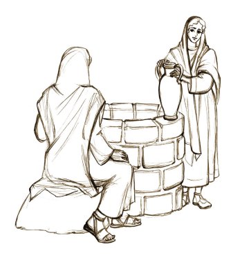 Young joy happy jew lord Jacob look meet love Islam Arab sinner maid basin job chore jug pitcher worker lady Rachel old retro holy god art sketch. line hand drawn rural slave work roman faith sin hop