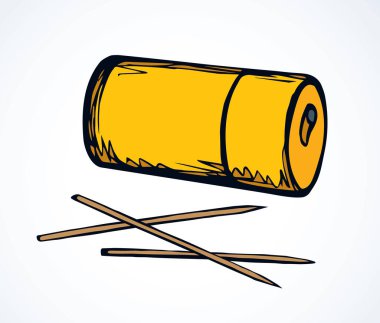 Hafif zeminde tek ince çubuk seti. Parlak sarı renk el çizilmiş eko sağlık paketi kutu logo tasarım amblemi retro sanat doodle çizgi roman tarzı metin için kağıt alanında. Görünümü kapat