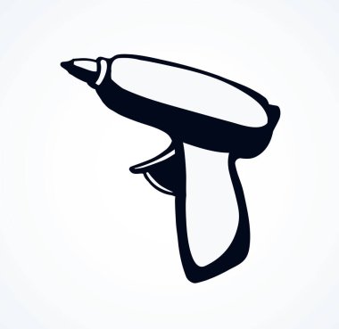 Ev yapımı işi halledin, motor nesneyi beyaz ahşap alanda metin için çevirin. Taslak siyah işçilik modern karalama karikatür tarzında plastik kablo deliği makine logosu işareti yükler. Yakın görünüm