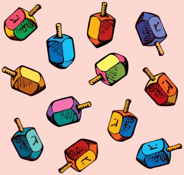 Ethnic judaic chanukkah draydl on pink table. God torah nun chanukah gimel dreydl icon. Holy jew hanukah dreidle card backdrop. Bright color hand drawn zion hannukah in retro art sevivon cartoon style