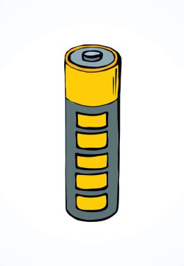 Modern auto engine chemical lithium cylinder on light backdrop. Dark black color hand drawn pole object logo pictogram emblem concept in retro art doodle cartoon style on space for text. Closeup view