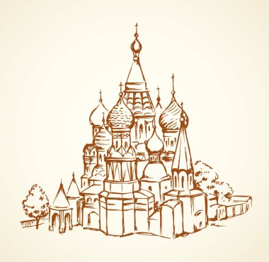 St. Vasily Kutsanmış Papaz Manzarası şehir merkezindeki klasik Spazskaya 'da. Çizgi siyah mürekkep el çizilmiş resim sembolü sanat retro doodle grafik kalem beyaz gökyüzünde metin için boşluk ile kağıt üzerinde