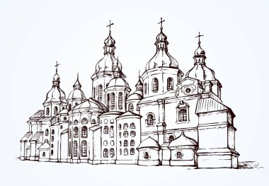 Kiev başkentinin tarihi ortodoksi Aziz Sophia minster binası. El yazması siyah mürekkep çizilmiş logo simgesi resmi geçmişe dönük ressamlar için beyaz kağıt boşluk üzerine çizgi film tarzı kalem çizer