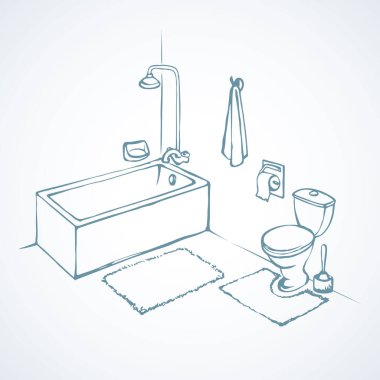 Yıkanmak sanitasyon küvet tasarım ışık kat arka plan mindere halı ile rahatlayın. Anahat siyah mürekkep el çizilmiş resim simgesini sanat retro doodle grafik kontur stili kalem kağıt üzerinde. Duvarda metin için yer ile izometrik görünümü