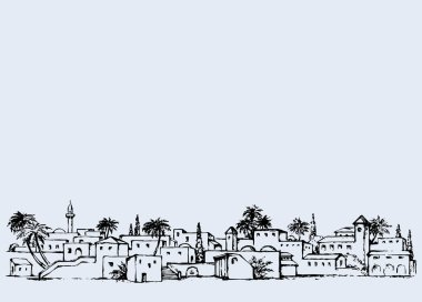 Orta Doğu antika hindi yolculuğu kum palmiyesi çöl vahası mavi gökyüzü klasik beyaz kule manzarası. Parlak renkli el çizimi turist resmi retro çizgi film stili metin yeri