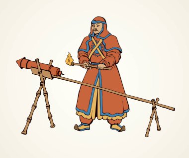 Etnik bez şapka üniforma, yay ok, beyaz kağıt arka plan üzerinde izole toz dinamit ile yaşlı erkek genel kahraman. Parlak renkli el sanat retro karikatür tarzı içinde sembol simge işareti kroki Kuvvetleri çekilmiş