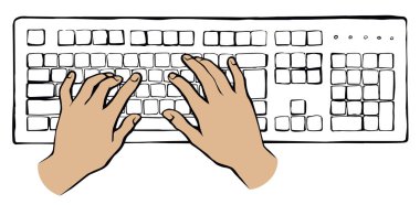 LCD Macbook tuş takımı beyaz masa arkaplanında. Siyah çizgi çizilmiş netbook. Sosyal Veri Anahtarı simgesi çizimi modern sanat karalama tarzında metin için ped boşluğunda. Üst görünümün üzerindeki avuç içi baskısını kapat