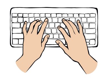 LCD Macbook tuş takımı beyaz masa arkaplanında. Siyah çizgi çizilmiş netbook. Sosyal Veri Anahtarı simgesi çizimi modern sanat karalama tarzında metin için ped boşluğunda. Üst görünümün üzerindeki avuç içi baskısını kapat