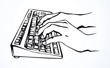 LCD Macbook tuş takımı beyaz masa arkaplanında. Siyah çizgi çizilmiş netbook. Sosyal Veri Anahtarı simgesi çizimi modern sanat karalama tarzında metin için ped boşluğunda. Üst görünümün üzerindeki avuç içi baskısını kapat