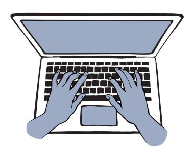 LCD Macbook tuş takımı beyaz masa arkaplanında. Siyah çizgi çizilmiş netbook. Sosyal Veri Anahtarı simgesi çizimi modern sanat karalama tarzında metin için ped boşluğunda. Üst görünümün üzerindeki avuç içi baskısını kapat