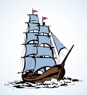 Beyaz gökyüzünde izole edilmiş ahşap uzun korsan yelkenli kürek balığı piktogramı. Serbest çizgi siyah mürekkep çizili logo işareti amblem resmi çizimi resim eskimiş çizim tarzı kalem kağıt üzerinde metin alanı için