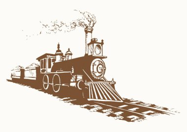 Beyaz gökyüzü metin arkaplanında hareket eden dizel motor. El yazması siyah mürekkep çizgisi. Resim logosu amblemi. Sanatta eski kağıt oyma kalem çizgisi çizim biçimi.