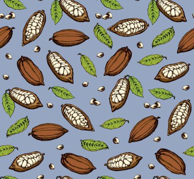 Big green theobroma foliage set on light silver fond. Bright color hand drawn menu object logo sign icon design sketchy in art modern doodle cartoon style on wrapping paper. Closeup view