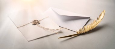 Close up top macro view classic age secret royal gift ink tool art style closed sign craft sent delivery Light gold beig wax string tie tag parcel pack table desk text space rustic artist effect decor