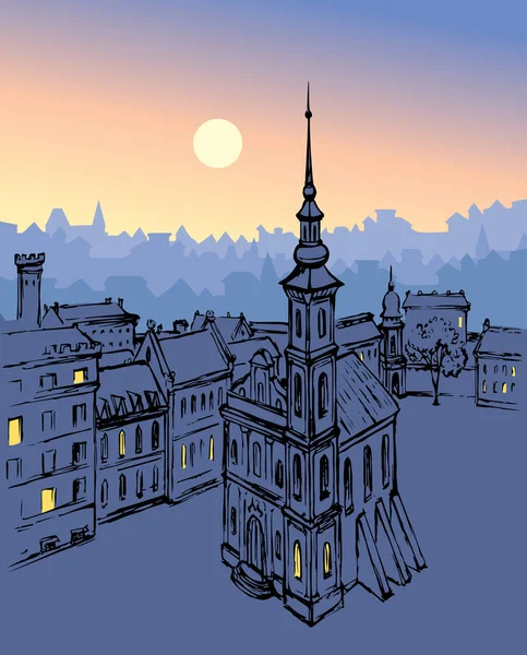 フランスイタリア時代イギリスイギリスの場所鐘楼ドーム屋根の木の風景夜景夕暮れ青のテキストスペースを尖塔 ダークブラックの手で描かれたポーランドドイツの中心部の道路のシーンゴシックチェコイタリアのアートスタイルのスケッチ — ストックベクタ