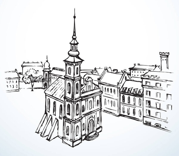 France Italy age UK England place belfry spire dome roof tree scenic view white sky text space. Outline black ink pen hand drawn Poland German center road way scene doodl line art style Italian symbol