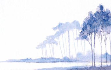 Hand drawn bright paint artwork quiet cloud scene sketch paper backdrop text space. Light blue color rural swamp marsh flood creek bay shore field wood shrub plant fall ocean sea garden scenic view