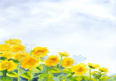 Hand drawn bright artwork paint hot villag bloom petal leaf fall season heaven scene sketch white paper text space card. Sun light blue color calm rustic ripe food grain green plant meadow scenic view
