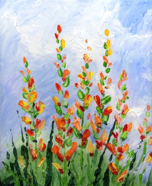 İlkbahar kırsal alcea malva sahne sanat eseri canlı pembe el çizimi modern kanva sanatçısı tasarım tasarım taslak tarzı. Parlak kırmızı kılıç büyür yeşil bitki çiçek manzaralı açık mavi gökyüzü