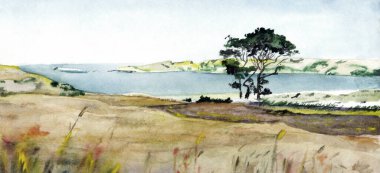 El çizimi parlak boya mavisi cennet sahnesi beyaz kağıt perde arkası metin alanı çiz. Açık sarı renk sakin tarla tarlası deresi koy yolu tahıl ağacı çimen, kaya göleti rüzgar manzarası