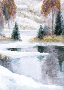 El çizimi sanat eseri serin yeni yıl sis bulutlu gün sahnesi. Açık beyaz kart arka plan eski tarz. Parlak renk eski çalı ormanı buz gibi soğuk sakin gölet göleti kıyısı manzarası