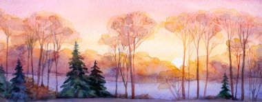 El çizimi soyut suluboya sanat eserleri açık pembe boya fırça stili noel yeni yıl kağıt kart metni alanı. Sakin, eski, solgun, sisli, sisli, sisli tepe yolu kırsal çalılık manzaralı...