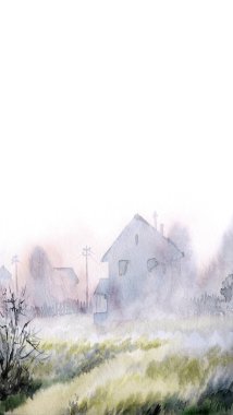 El çizimi suluboya ahır kulübesi açık kağıt metin arkaplanı. Sakin, nemli, sisli, kır ağacı manzaralı, dumanlı, parlak, mavi renkli, geçmişe dönük sanat eserleri.