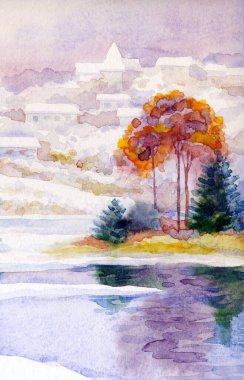 El çizimi sanat eseri serin yeni yıl sis bulutlu gün sahnesi. Açık beyaz kart arka plan eski tarz. Parlak renk eski çalı ormanı buz gibi soğuk sakin gölet göleti kıyısı manzarası