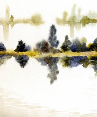 El çizimi suluboya resim çizimi kağıt metin alanı. Kırsal sakin çalı çalısı, çalı tarlası, dere yatağı, sel, yağmur manzarası. Serin bahar sisli sonbahar kumsal eski sanat eserleri sahnesi