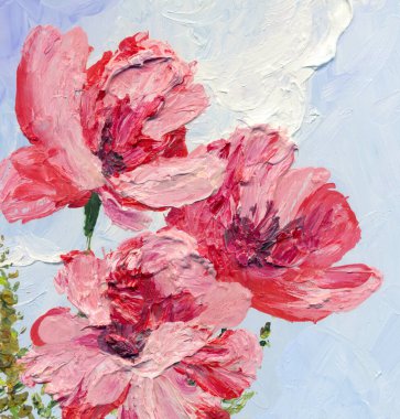 Parlak modern gouache pembe boya pastel eskiz desenli görünüm. Canlı turuncu renkli el, akrilik botanik tomurcuk kök otu çizmiş. Retro yaratıcı beyaz kağıt branda fırça tebrik kartı tarzı taze mavi gökyüzü sahnesi