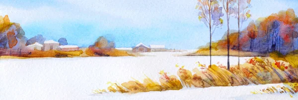 手描きスケッチアートワークライトブルーカラーペイントスタイルの紙カード夕暮れ曇りシーンテキストスペース 冷たい古い霧霧の霞氷の道の道素朴なファームウッド納屋小屋屋根氷の茂み低木海岸風景 — ストック写真