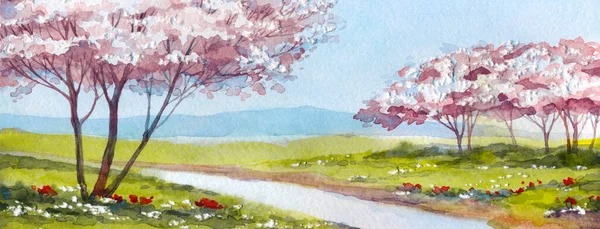 Akvarelllandskap Blommande Fruktträd Över Den Lugna Sjön — Stockfoto