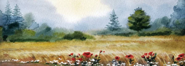 手描き明るい光の色のアートワークのスケッチ霧霧の雨の旅行トウヒのシーン紙のテキストスペースの背景 穏やかな秋の煙熟した乾燥穀物作物の風景低木の森のモミの植物霧の景色 — ストック写真