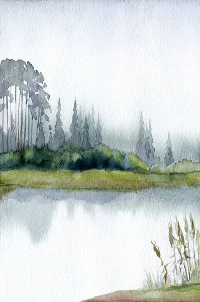 手描きの水彩画作品は 紙の背景テキスト空間にスケッチを描きます 灰色の色暗い穏やかな農村部の牧草地霧の煙海の風光明媚な景色 茂みの植物公園をこすります ヘイズ ホワイト クリーク シーン — ストック写真