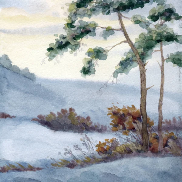 手描き水彩画作品太陽の光霧霧の秋冷凍古い庭の新しい年のクリスマスシーンホワイトペーパーカードテキストスペースの背景 暗い色のペイントブラシスタイルのデザインクールな田舎の茂みの低木の景色 — ストック写真
