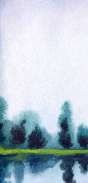 手描き明るい水彩画のアートワーク水墨画スケッチフォグブルックベイペーパー背景テキストスペース ライトグレー色曇り天国暗い穏やかな農村部の牧草地低木植物の反射秋霧煙海のシーンビュー — ストック写真