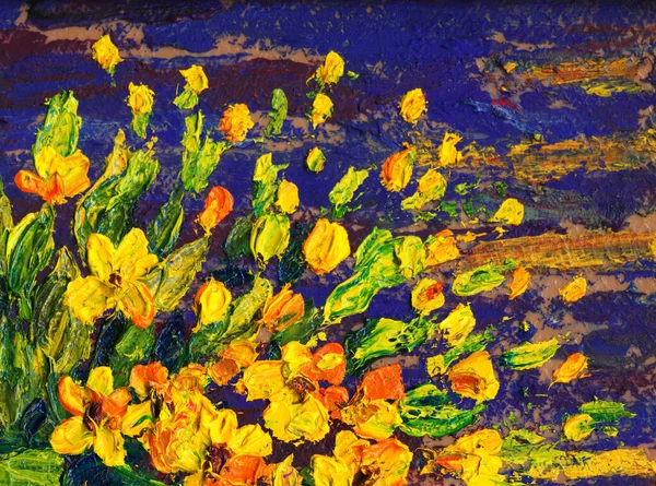 現代的な鮮やかなモトレーで楽しい明るい手作業のアーティストのアクリルスケッチシーンは ストロークブラシDaubスタイルを発見しました ダークペイントの庭に咲く繊細な大きな香り鮮やかなオレンジの花の景色を手描き — ストック写真