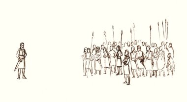 Retro old age lame male twin go walk limp big armor war guard arm troop row human crowd white field land scene Middle east black hand drawn jew God faith slave camp story islam muslim cartoon art sketch