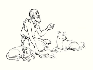 Asian Israel alone jewish Lazar prayer beg help alm. East torn dirt rag robe cloth sad pity mourn lost ill lone male jew hobo seat cry pray God Jesus Christ old retro hand drawn sketch faith story art