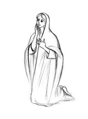 Retro pious light white dress cloth young poor sad jew human Mary face look ask beg biblic lord Jesus Christ Dark black line hand drawn holy humbl teen arab lady joy fun old islam love hope text space