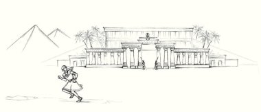 Lüks kumaşlı köle insan efendisi hızla şehir kapısına doğru gidiyor sıcak kum tepeciği yolu beyaz gökyüzü. Siyah çizgili eski çağ soylu Yahudi erkek inanç kralı cezalandırma hikayesi Tanrı 'ya dua et Doğu Arap sanat eskizi tarzı sahne 