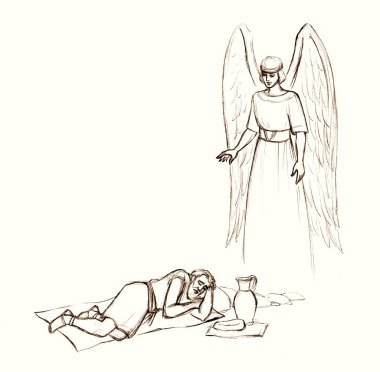 Geçmişe dönük zavallı insan Yahudi erkek dua eden yaşlı adam seyahat ediyor yatağında dinleniyor çöl taşı beyaz gökyüzü mesaj uzayı. Susuzluğu besle, kavanoz ye, sürahi iç, mucizevi el çizimi, Tanrım konuş, İncil 'e yardım et, sanat eskizi.