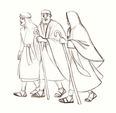 Rabbi law 3 male human jew guy John James ask sit right left side holy lord god white faith story Islam art. Middle east old retro age Asian robe dress cloth look lead path step street trip hand draw clipart