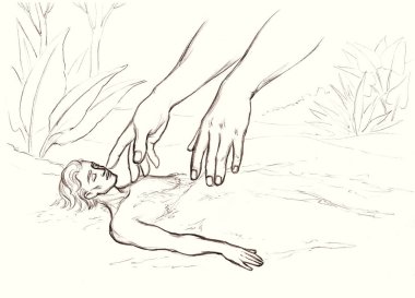 Siyah çizilmiş resim, yetişkin erkek çocuk uyuyor ilahi ruh nefes alıyor güzellik tenli kafa dinlenme sahnesi. Eski antik çağ kutsal efendisi toprak çamur yaratıyor. Yaşamın dünya konsepti olması gibi.