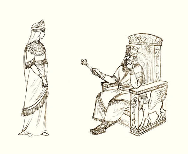 中东苏美尔历代王冠朱金婚纱伊拉克男性贵族叙利亚王家领导人坐椅子点顺序看棒杖手绘伊朗新娘素描复古圣经神话故事 — 图库照片