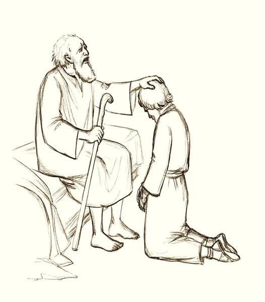 머리를 침대를 고치는 것이다 엘리사는 소년에게 무릎을 의식을 행하고 있습니다 — 스톡 사진