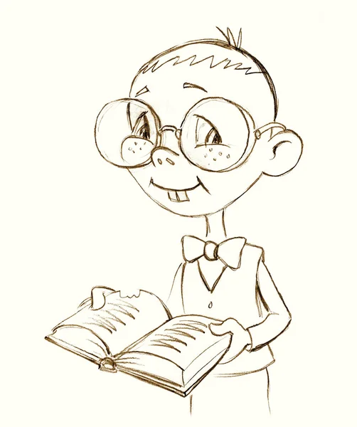 Cute timid nerdy freak teen male lad baby dude look sign icon old retro humor comic line art style sketch pen hand drawn small ugly joy cheer human guy big eye man stand teach hold open text page idea