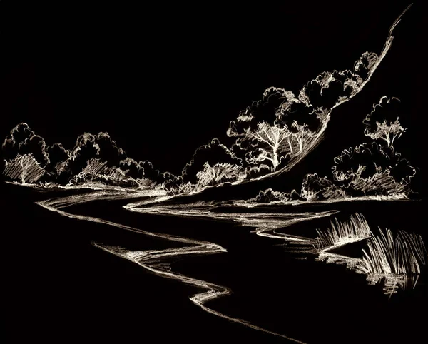 산에는 그려진 그려져 산비탈은 전나무로 오솔길을 나간다 아티스트 텍스트 — 스톡 사진