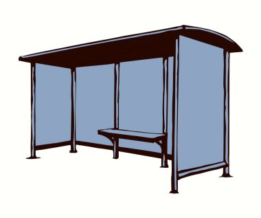 Steel suburb busstop promo ad brand render plastic roof cover canopy glass wall side view white sky text space. Black line hand drawn wait tram chair sign icon symbol modern doodle outline art style