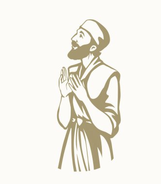 Happy Joy Admir Hand, kutsal tanrı orta yaşlı adamın yüzünü huşu ile çizdi. Koluna bak. Tanrım, İsa 'ya dua et. Yahudi bornozu kumaş simgesi işareti